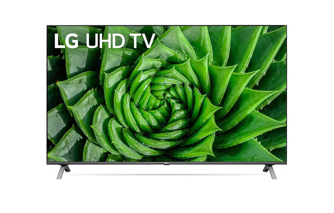 LG UN80 65'' 4K Smart UHD TV, вид спереди с изображением на экране, 65UN80006LA