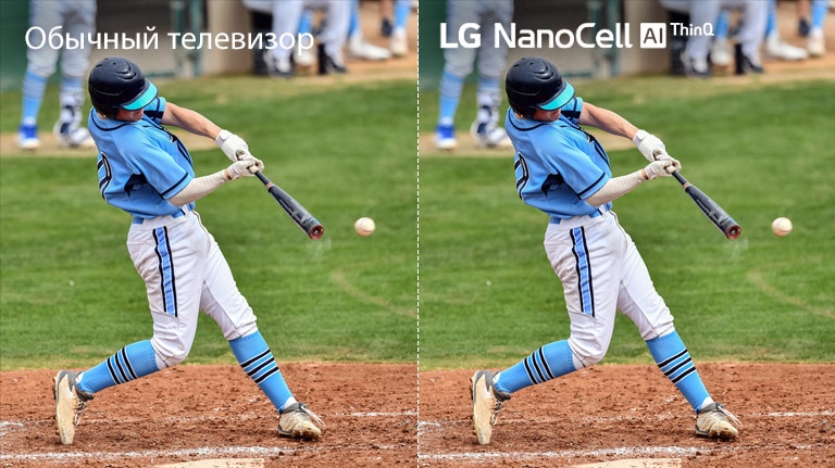 Сцена из футбольного матча: одна половина на телевизоре LCD/LED с размытой картинкой, другая – на LG NanoCell, с небывалой четкостью 