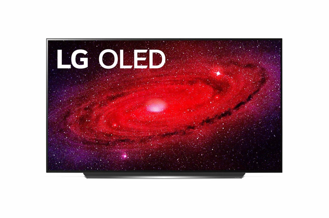 LG CX 77'' 4K Smart OLED телевизор, вид спереди с изображением на экране, OLED77CXRLA
