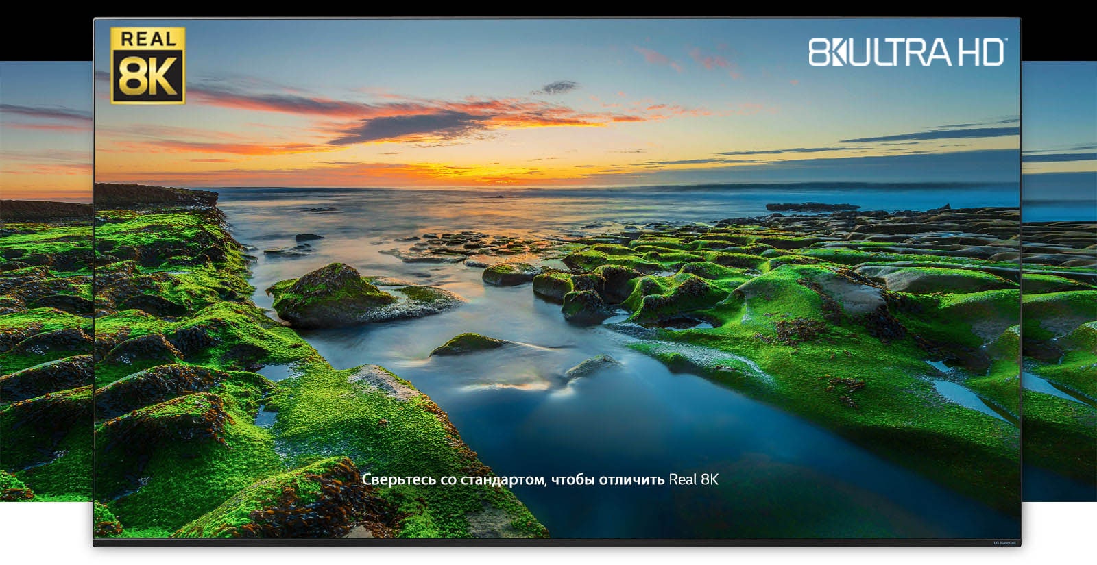 Экран телевизора, на котором показан природный пейзаж с логотипами Real 8K и CTA