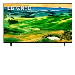 Вид телевизора LG QNED спереди с изображением на экране и логотипом продукта2