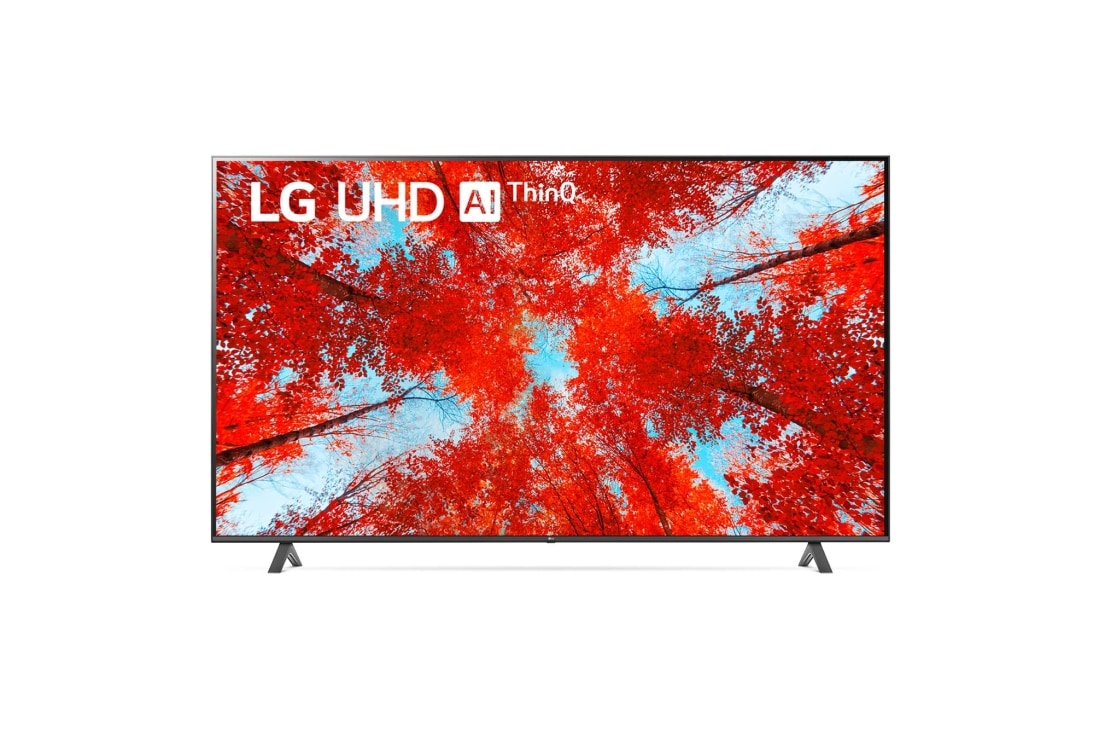 LG 4K UHD телевизор LG 86'', Вид телевизора LG UHD спереди с изображением на экране и логотипом продукта, 86UQ90006LD