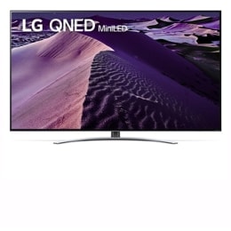 Вид телевизора LG QNED спереди с изображением на экране и логотипом продукта2