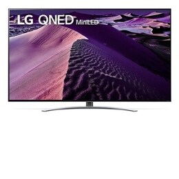 Вид телевизора LG QNED спереди с изображением на экране и логотипом продукта2