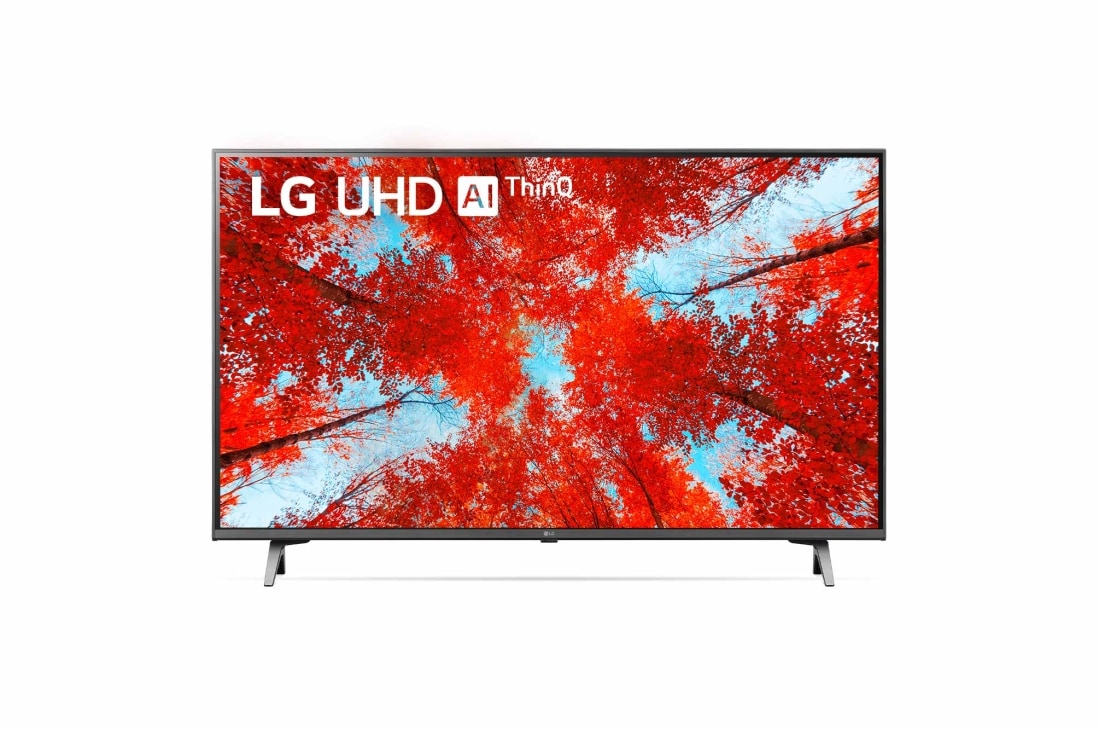 LG 4K UHD телевизор 43'' LG 43UQ90006LD, Вид телевизора LG UHD спереди с изображением на экране и логотипом продукта, 43UQ90006LD