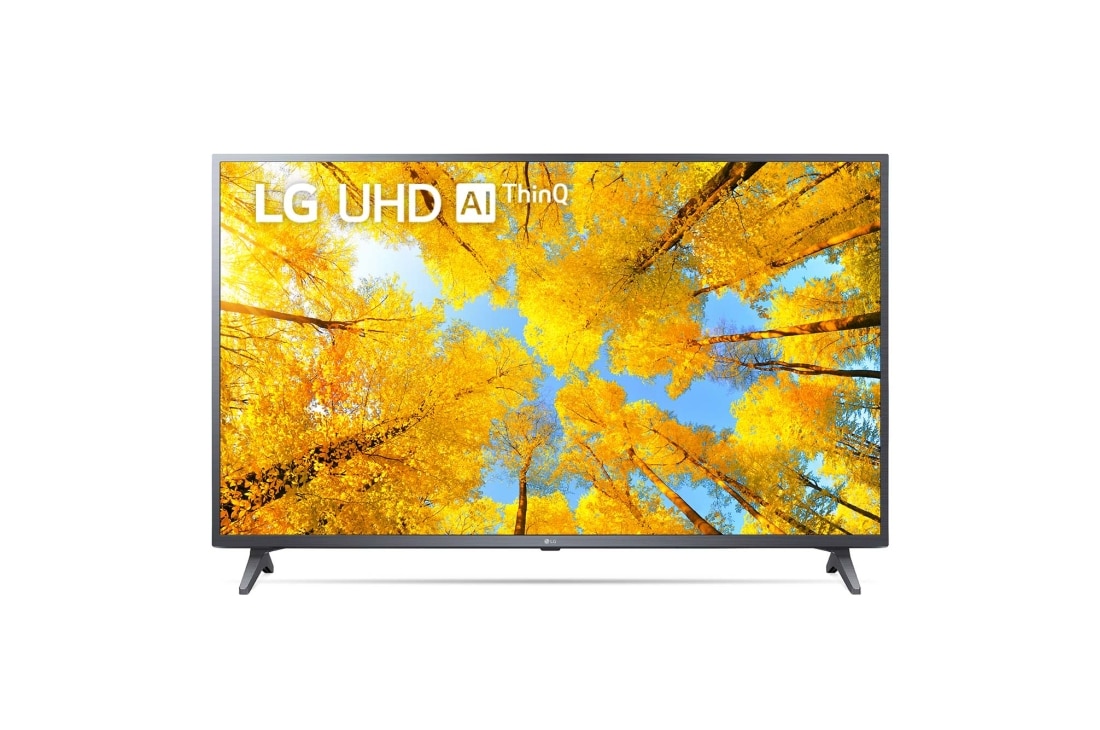 LG 4K UHD телевизор LG 65'', Вид телевизора LG UHD спереди с изображением на экране и логотипом продукта, 65UQ75001LG