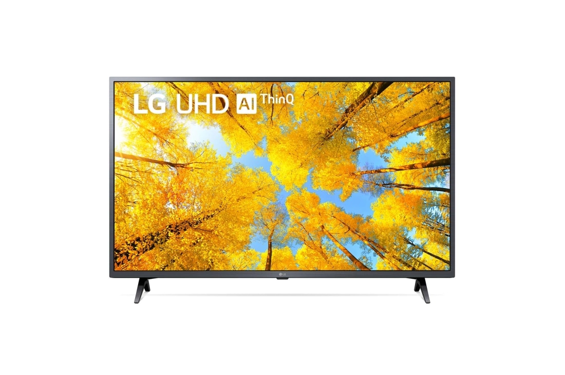 LG UQ76 43'' 4K Smart UHD телевизор, Вид телевизора LG UHD спереди с изображением на экране и логотипом продукта, 43UQ76003LD
