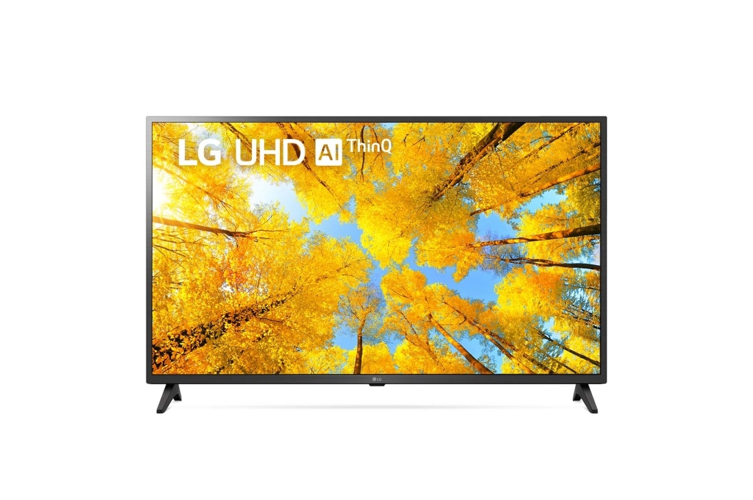 LG 4K UHD телевизор LG 43'', Вид телевизора LG UHD спереди с изображением на экране и логотипом продукта, 43UQ75006LF