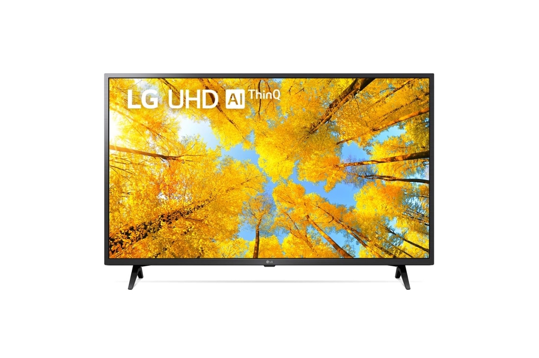 LG 4K UHD телевизор 43'' LG 43UQ76009LC, Вид телевизора LG UHD спереди с изображением на экране и логотипом продукта, 43UQ76009LC