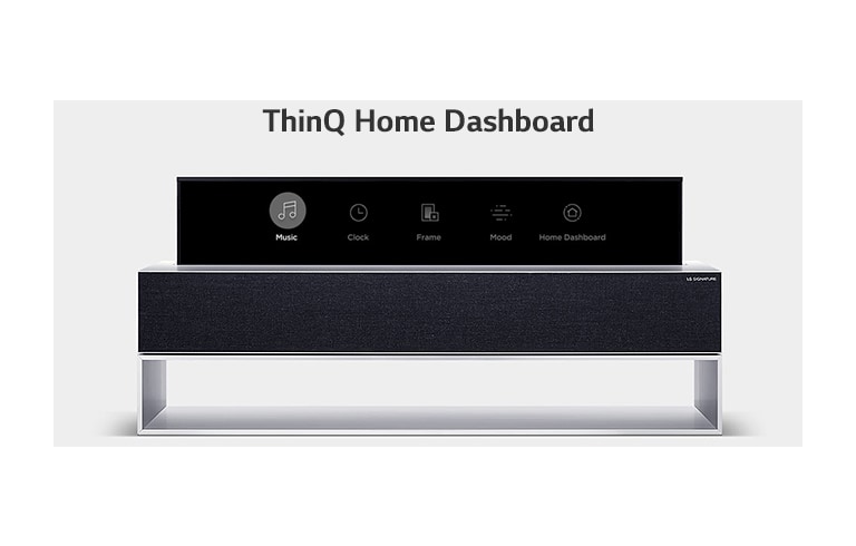 Экран LG SIGNATURE Rollable OLED TV отображает домашнюю панель ThinQ, музыку, часы, рамку, фоновую подсветку и звуковой режим по порядку.
