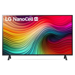 Вид спереди на телевизор LG NanoCell, NANO80 с текстом «LG NanoCell», «2024» и логотипом webOS Re:New Program на экране.2