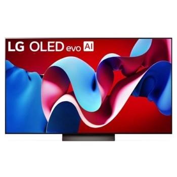 Вид спереди на телевизор LG OLED evo, OLED C4, logo эмблемы «OLED №1 в мире в течение 11 лет» и logo программы webOS Re:New Program на экране, а также звуковую панель снизу1