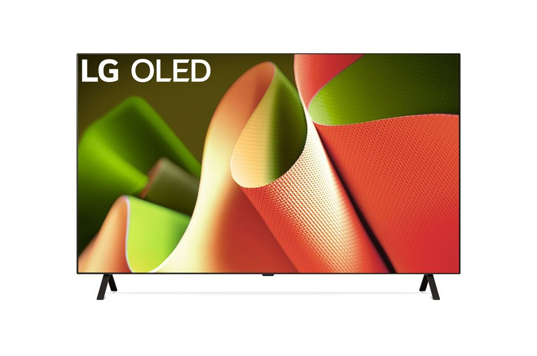 LG 65-дюймовый телевизор Smart TV LG OLED B4 4K OLED65B4, Вид спереди на телевизор LG OLED TV, OLED B4, эмблему «OLED №1 в мире в течение 11 лет» и logo программы webOS Re:New на экране с 2-полюсной подставкой, OLED65B4RLA
