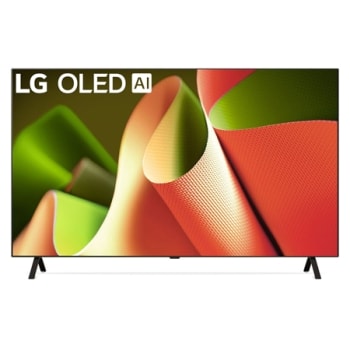 Вид спереди на телевизор LG OLED TV, OLED B4, эмблему «OLED №1 в мире в течение 11 лет» и logo программы webOS Re:New на экране с 2-полюсной подставкой1