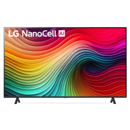Вид спереди на телевизор LG NanoCell, NANO80 с текстом «LG NanoCell», «2024» и логотипом webOS Re:New Program на экране.2