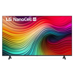 Вид спереди на телевизор LG NanoCell, NANO80 с текстом «LG NanoCell», «2024» и логотипом webOS Re:New Program на экране.2