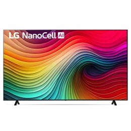 Вид спереди на телевизор LG NanoCell, NANO80 с текстом «LG NanoCell», «2024» и логотипом webOS Re:New Program на экране.2