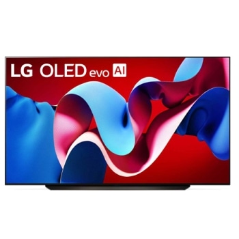 Вид спереди на телевизор LG OLED evo, OLED C4, logo эмблемы «OLED №1 в мире в течение 11 лет» и logo программы webOS Re:New Program на экране, а также звуковую панель снизу1