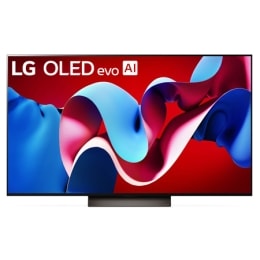 Вид спереди на телевизор LG OLED evo, OLED C4, logo эмблемы «OLED №1 в мире в течение 11 лет» и logo программы webOS Re:New Program на экране, а также звуковую панель снизу