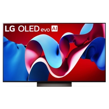 Вид спереди на телевизор LG OLED evo, OLED C4, logo эмблемы «OLED №1 в мире в течение 11 лет» и logo программы webOS Re:New Program на экране, а также звуковую панель снизу