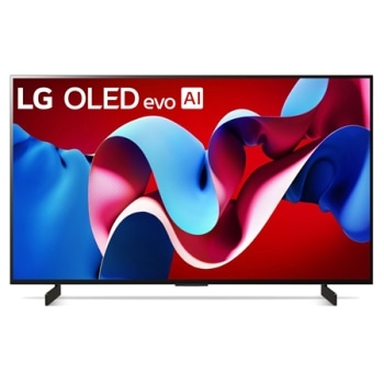 Вид спереди на телевизор LG OLED evo, OLED C4, logo эмблемы «OLED №1 в мире в течение 11 лет» и logo программы webOS Re:New Program на экране, а также звуковую панель снизу1