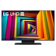 LG Телевизор LG 43UT91006LA 43'' UHD AI 4K, Вид спереди на телевизор LG UHD TV, UT90 с текстом LG UHD AI ThinQ, 2024 года и логотипом webOS Re:New Program на экране, 43UT91006LA, thumbnail 1
