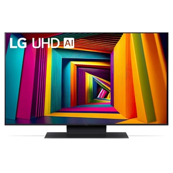 Вид спереди на телевизор LG UHD TV, UT90 с текстом LG UHD AI ThinQ, 2024 года и логотипом webOS Re:New Program на экране1