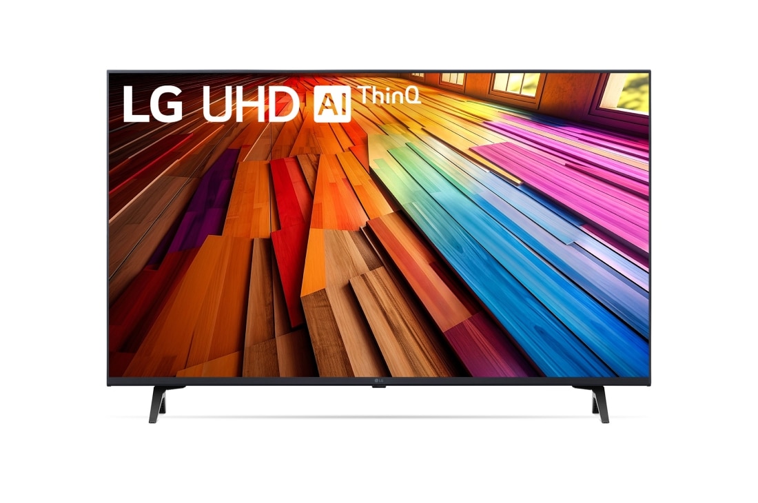LG Телевизор Smart TV LG UHD UT80 4K 43'', Вид спереди на телевизор LG UHD TV, UT80 с текстом LG UHD AI ThinQ, 2024 года и логотипом webOS Re:New Program на экране, 43UT80006LA