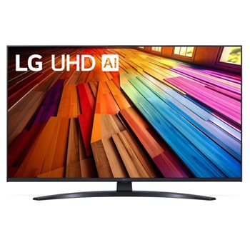 Вид спереди на телевизор LG UHD TV, UT80 с текстом LG UHD AI ThinQ, 2024 года и логотипом webOS Re:New Program на экране1