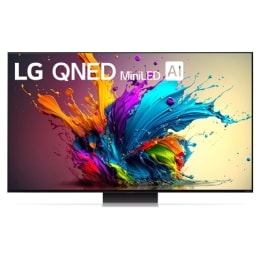 Вид спереди на телевизор LG QNED, QNED90 с текстом LG QNED MiniLED, 2024 и логотипом webOS Re:New Program на экране2