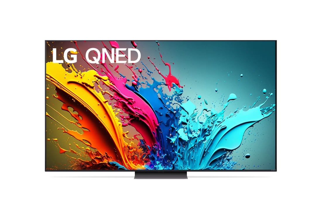 LG 4K телевизор 65'' LG 65QNED86T6A, Вид спереди на телевизор LG QNED, QNED85 с текстом LG QNED, 2024 и логотипом webOS Re:New Program на экране, 65QNED86T6A