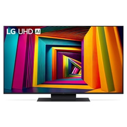 Вид спереди на телевизор LG UHD TV, UT90 с текстом LG UHD AI ThinQ, 2024 года и логотипом webOS Re:New Program на экране2