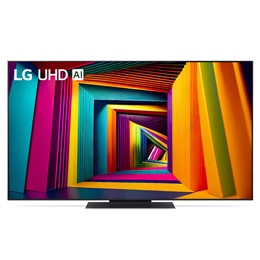 Вид спереди на телевизор LG UHD TV, UT90 с текстом LG UHD AI ThinQ, 2024 года и логотипом webOS Re:New Program на экране2