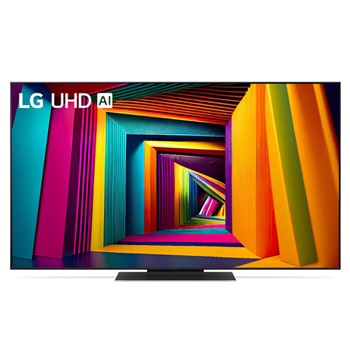 Вид спереди на телевизор LG UHD TV, UT90 с текстом LG UHD AI ThinQ, 2024 года и логотипом webOS Re:New Program на экране1