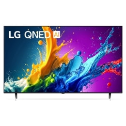 Вид спереди на телевизор LG QNED, QNED80 с текстом LG QNED, 2024 и логотипом webOS Re:New Program на экране2