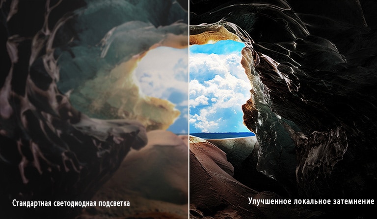 Перспектива изнутри пещеры с видом на ее вход, где видны голубое небо и горизонт. Вся сцена разделена пополам, чтобы продемонстрировать возможности продвинутого локального затемнения QNED. С одной стороны, цвета и детали выглядят вымытыми, а изображения кажутся размытыми. На ярлыке написано: Обычная светодиодная подсветка. С другой стороны — глубокие черные цвета, лучший контраст, яркость и цвет. На ярлыке написано: Продвинутое локальное затемнение. 