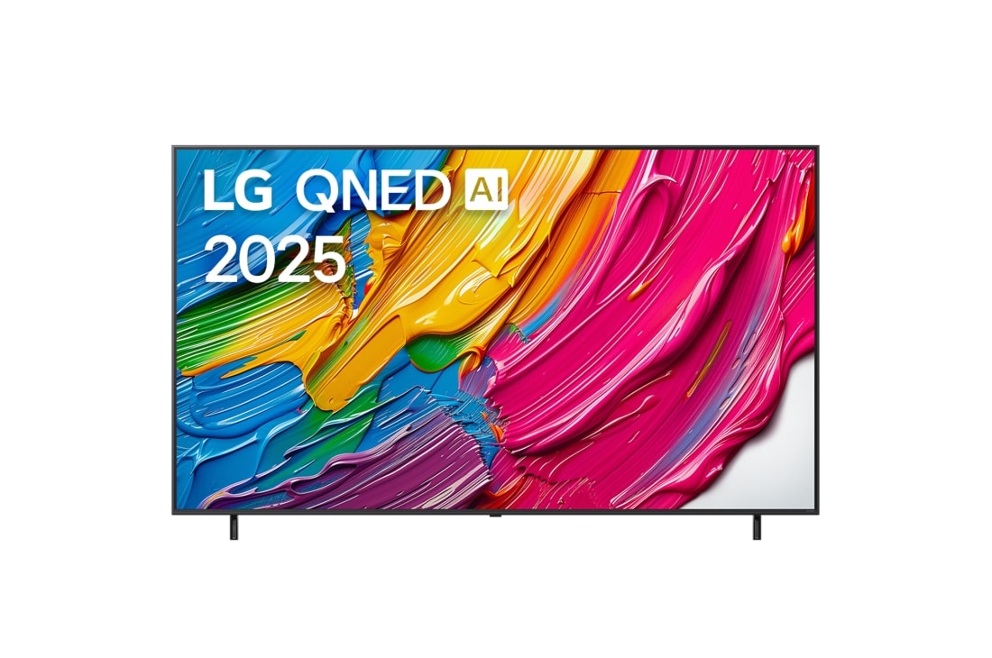 LG 86-дюймовый телевизор Smart TV LG QNED AI QNED80 4K 2025, 		Передний вид LG QNED80 TV, логотип LG QNED AI в верхнем углу. LG QNED TV отображает красочные текстуры, напоминающие мазки краски, сливающиеся воедино. 		, 86QNED80A6A