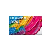 LG Телевизор LG 86QNED80A6A 86'' QNED AI 4K 2025, 		Передний вид LG QNED80 TV, логотип LG QNED AI в верхнем углу. LG QNED TV отображает красочные текстуры, напоминающие мазки краски, сливающиеся воедино. 		, 86QNED80A6A, thumbnail 1