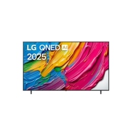 Передний вид LG QNED80 TV, логотип LG QNED AI в верхнем углу. LG QNED TV отображает красочные текстуры, напоминающие мазки краски, сливающиеся воедино. 		2