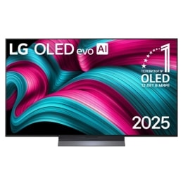 Вид спереди на телевизор Smart TV LG OLED evo AI C5 4K. На экране показаны эмблема «12 лет №1 в мире среди OLED» и логотип LG OLED evo AI 2025.