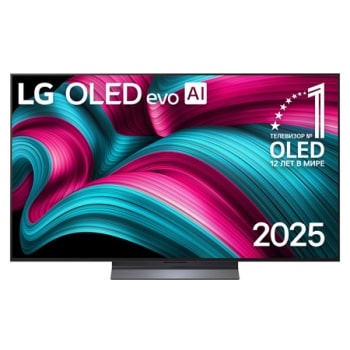 Вид спереди на телевизор Smart TV LG OLED evo AI C5 4K. На экране показаны эмблема «12 лет №1 в мире среди OLED» и логотип LG OLED evo AI 2025.