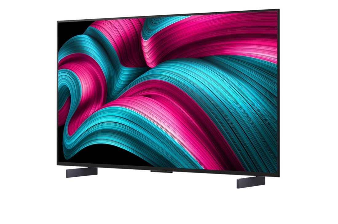 LG Телевизор LG OLED42C5RLA 42'' OLED C5 evo AI 4K 2025, ИИ-процессор alpha 9 Gen8 светится различными оттенками синего, а молнии вырываются из него, подчеркивая его цепи. Различимы технические характеристики. В 1,7 раза мощнее нейронная ИИ-обработка, нейро, OLED42C5RLA, thumbnail 5