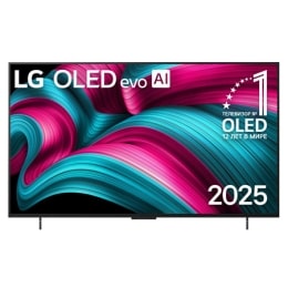 Вид спереди на телевизор Smart TV LG OLED evo AI C5 4K. На экране показаны эмблема «12 лет №1 в мире среди OLED» и логотип LG OLED evo AI 2025.2