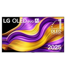 Вид спереди на телевизор Smart TV LG OLED evo AI G5 4K. На экране показаны эмблема «12 лет №1 в мире среди OLED» и логотип LG OLED evo AI 2025.2