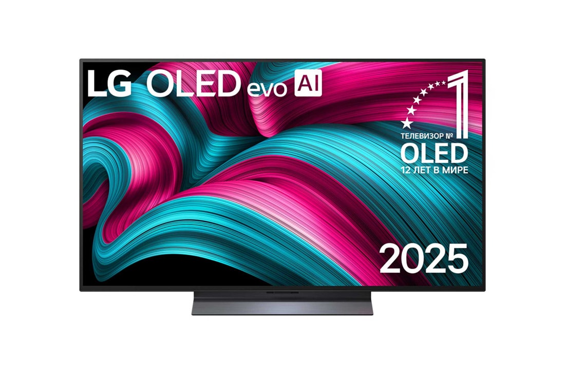 LG 48-дюймовый телевизор Smart TV LG OLED evo AI C5 4K 2025 года, Вид спереди на телевизор Smart TV LG OLED evo AI C5 4K. На экране показаны эмблема «12 лет №1 в мире среди OLED» и логотип LG OLED evo AI 2025., OLED48C5RLA