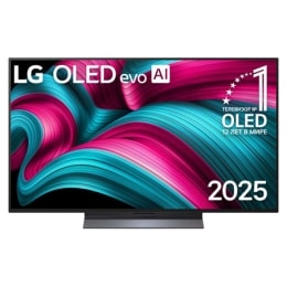 Вид спереди на телевизор Smart TV LG OLED evo AI C5 4K. На экране показаны эмблема «12 лет №1 в мире среди OLED» и логотип LG OLED evo AI 2025.2