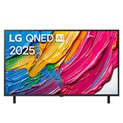 LG Телевизор LG 43QNED80A6A 43'' QNED AI 4K 2025, 		Передний вид LG QNED80 TV, логотип LG QNED AI в верхнем углу. LG QNED TV отображает красочные текстуры, напоминающие мазки краски, сливающиеся воедино. 		, 43QNED80A6A, thumbnail 1