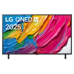 Передний вид LG QNED80 TV, логотип LG QNED AI в верхнем углу. LG QNED TV отображает красочные текстуры, напоминающие мазки краски, сливающиеся воедино. 		2