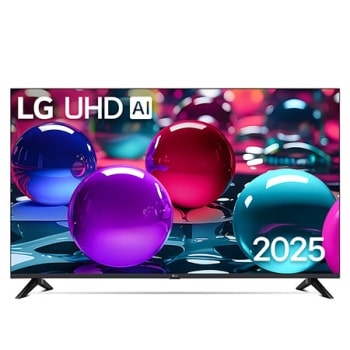 Front view of UHD TV, LG UHDl Al Logo on the top corner. LG UHD TV depicts colorful paintike textures coming together.1