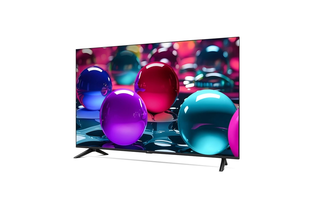 LG Телевизор LG 50UA73006LA 50'' UHD AI 4K 2025, Вид телевизора LG UHD UA73 на поворот справа в три четверти фронтальный. На скринфиле изображены стеклянные сферы., 50UA73006LA, thumbnail 2
